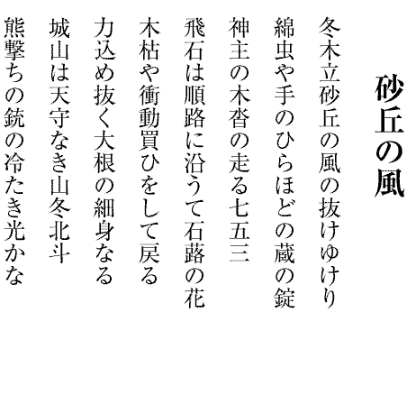 砂丘の風
冬木立砂丘の風の抜けゆけり
綿虫や手のひらほどの蔵の錠
神主の木沓の走る七五三
飛石は順路に沿うて石蕗の花
木枯や衝動買ひをして戻る
力込め抜く大根の細身なる
城山は天守なき山冬北斗
熊撃ちの銃の冷たき光かな
